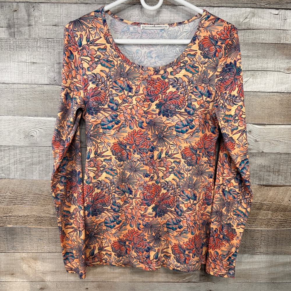 Peruvian Connection Terracotta Botanical Floral Print Long Sleeve Tee Size Small
